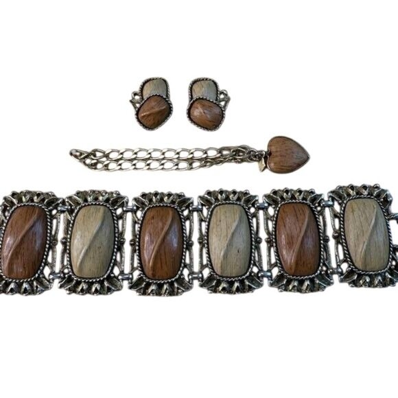 Vintage Wood Grain Panel Bracelet & Heart Charm Bracelet & Clip-On Earrings Set - Picture 1 of 10